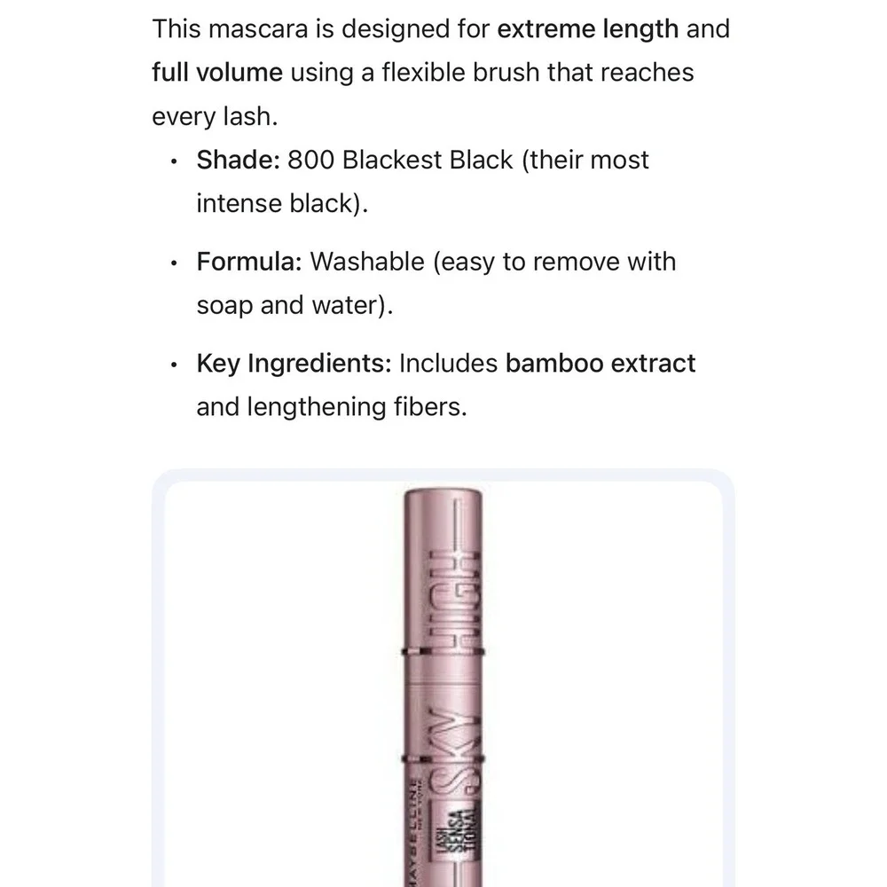 Maybelline Lash Sensational Sky High‎ Mascara Blackest Black 800 Washable